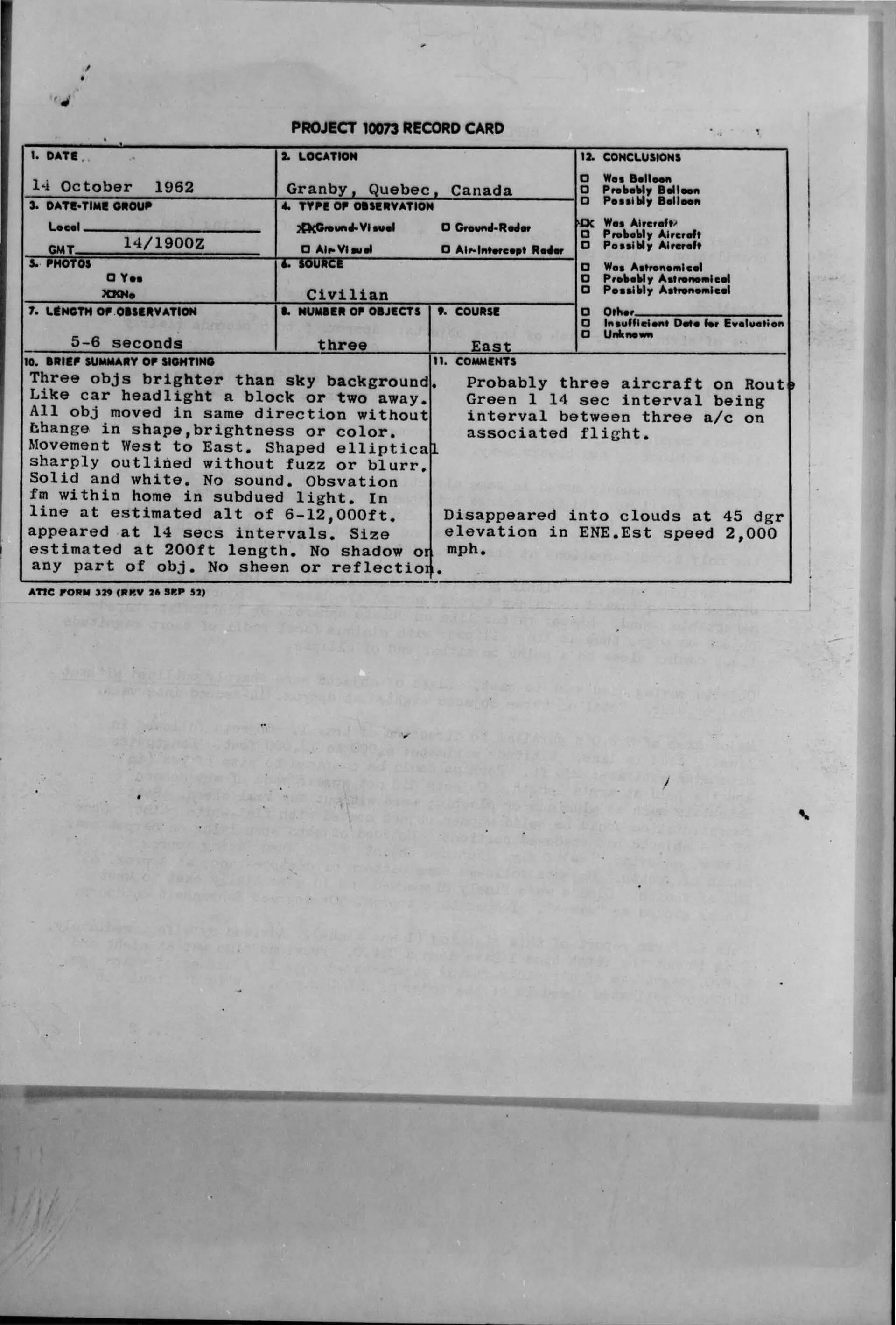 Project Blue Book report - 1962-10-8726236-Granby-Quebec-Canada Untitled