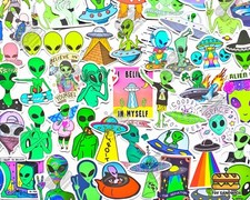 Listing image for 50 pcs "Hippie Aliens" Sticker Pack ET UFO Galaxy Space Invaders Science Decals