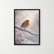Listing image for A4 Robin Print Frosty Branch Perch With Border Winter Woodland Wall Art Decor