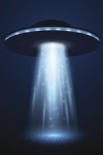 Listing image for UFO Spaceship with Light Beam on Blue Background Art Print Poster 12x18
